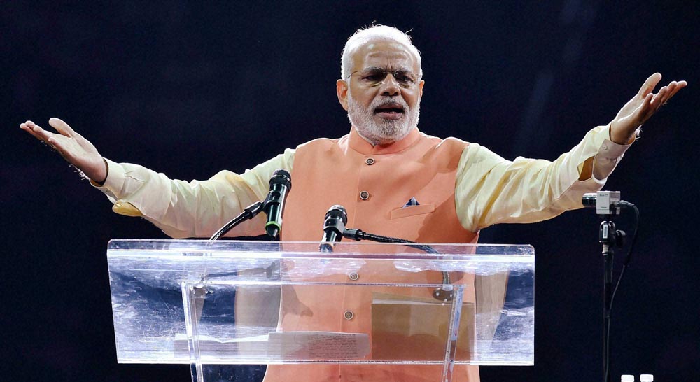 New York: Prime Minister Narendra Modi gestures while addressing the audience during a reception organised in his honour by the Indian American Community Foundation at Madison Square Garden in New York on Sunday
